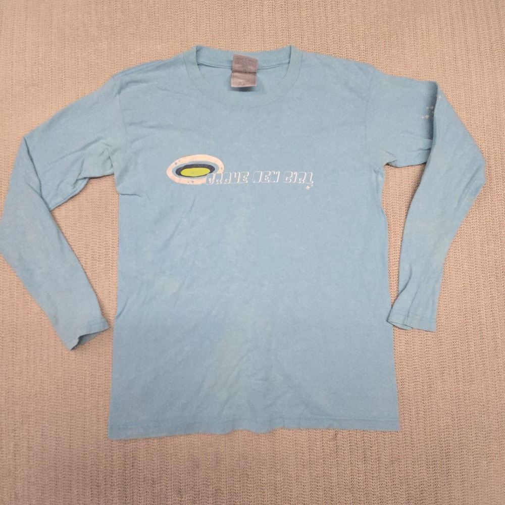 Vintage Nike Shirt Womens Medium Blue Brave New Girl Space Graphic Long Sleeve